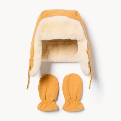 Baby Boys' Corduroy Trapper Hat and Mittens Set - Mustard