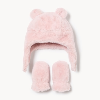 Ens. chapeau et mitaines en similifourrure, bébés - Rose