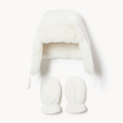 Ens. chapeau de trappeur et mitaines, bébés filles - Crème