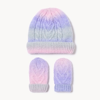 Ensemble tuque et mitaines à mailles torsadées - Lilas
