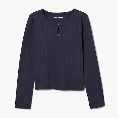 Kid Girls' Pointelle Long Sleeve Top - Dark Navy