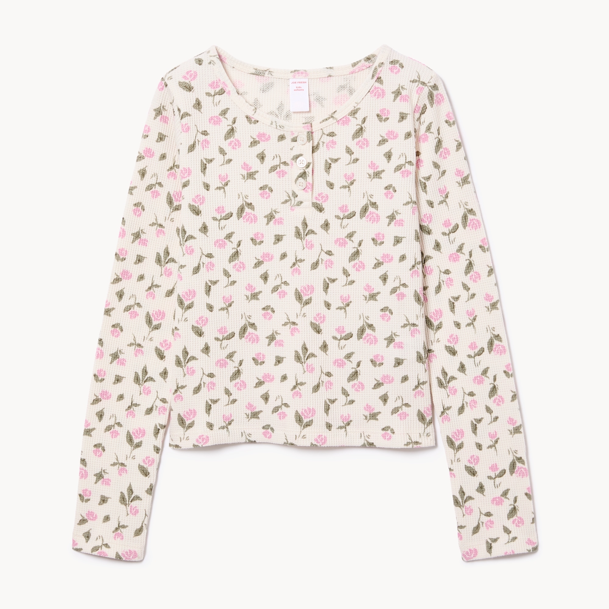 Kid Girls' Waffle Knit Henley Long Sleeve Top