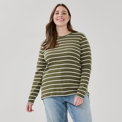 Women+ Striped Slim-Fit Long Sleeve Top - Khaki Green