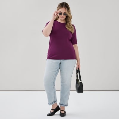 Women+ Ribbed Quarter Sleeve T-Shirt - Maroon