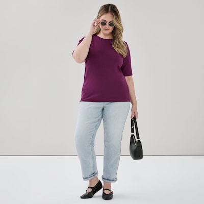 T-shirt côtelé à manches trois-quarts Femmes+ - Marron