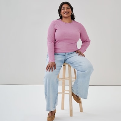 Women+ Striped Slim-Fit Ribbed Long Sleeve Top - Purple