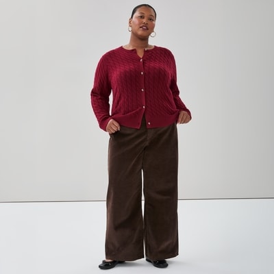 Women+ Cable Knit Cardigan - Dark Red