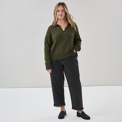 Chandail à col polo en coton et cachemire Femmes+ - Vert Foncé