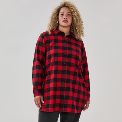 Women+ Buffalo Plaid Long Shirt - Red