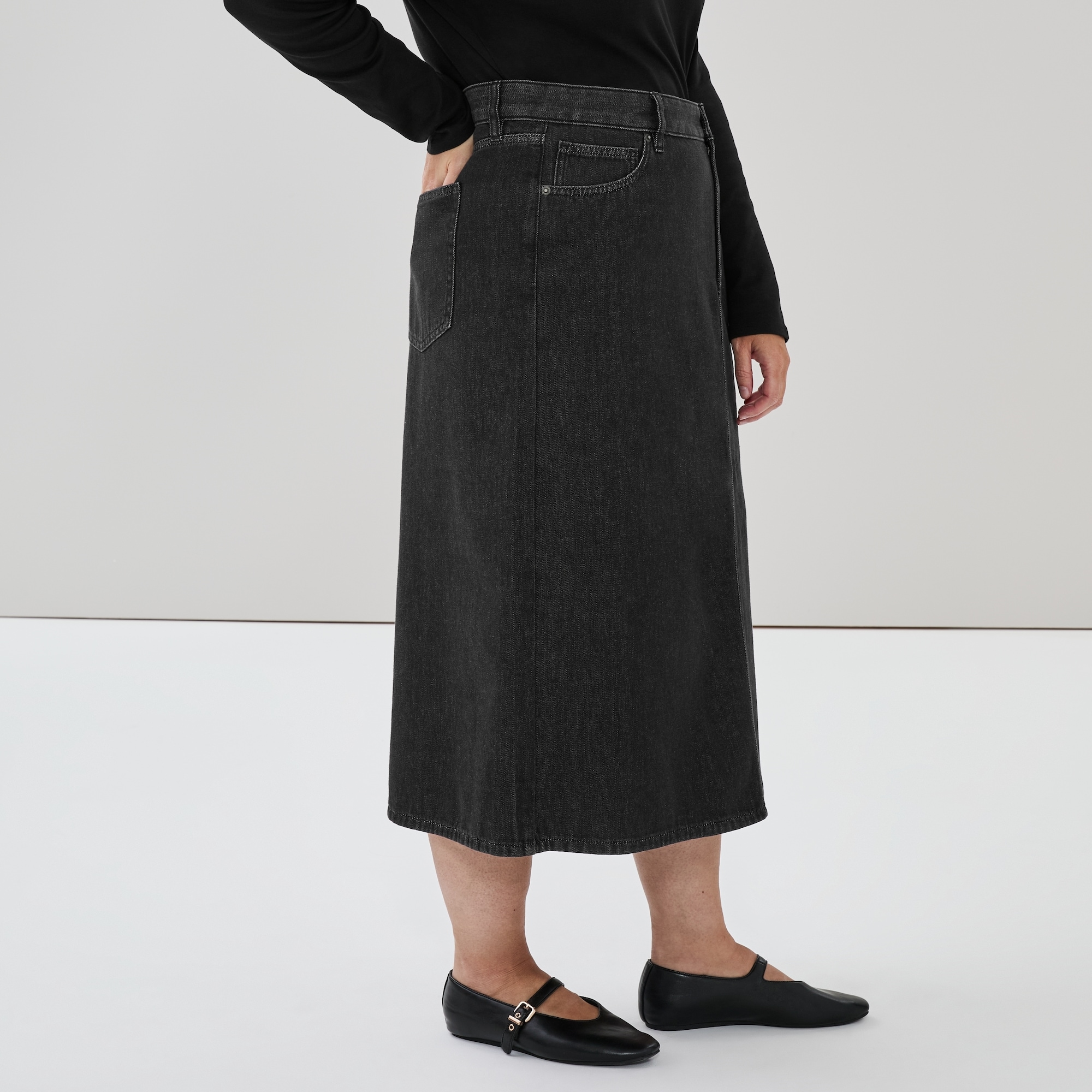 Women+ Black Wash Denim Midi Skirt