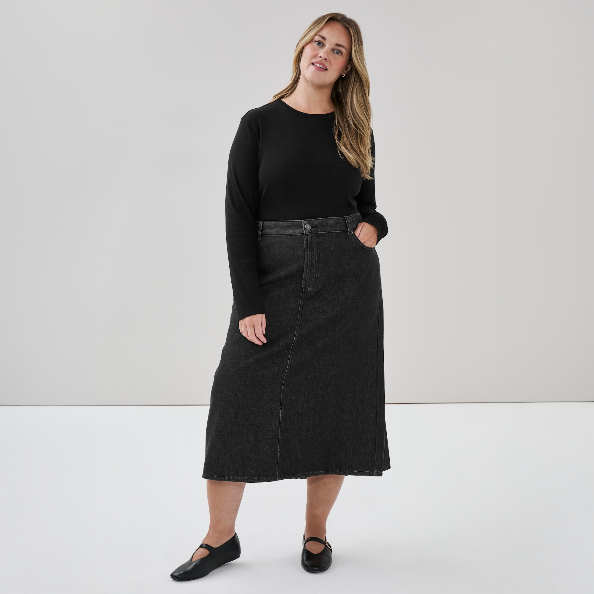 Women+ Black Wash Denim Midi Skirt