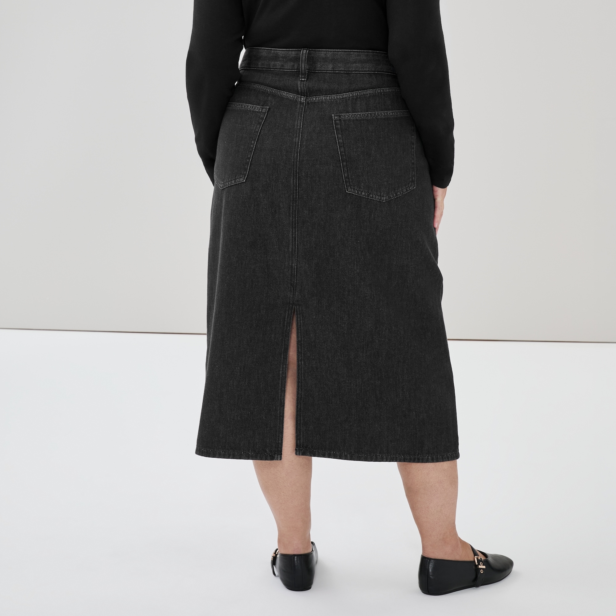Women+ Black Wash Denim Midi Skirt