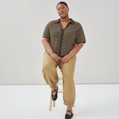 Women+ Striped Polo Cardigan - Dark Green