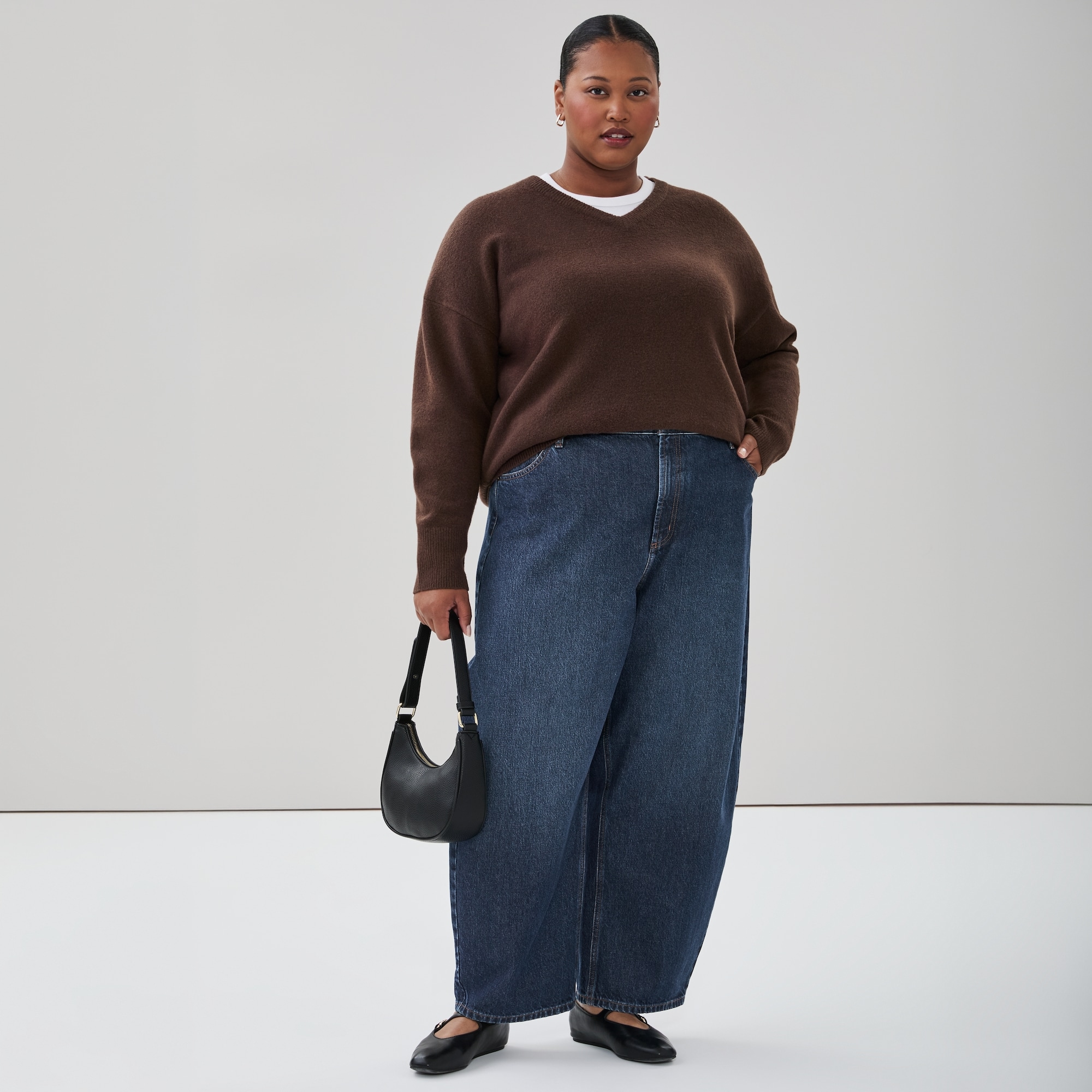 Women+ V-Neck Sweater in Dark Brown from Joe Fresh