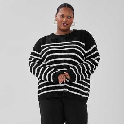 Women+ Striped Crewneck Sweater - Black