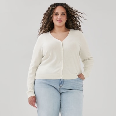 Women+ V-Neck Cardigan - White Sand Mix