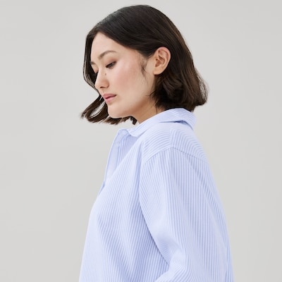 Oversized Striped Button-Up Shirt - Bright Blue