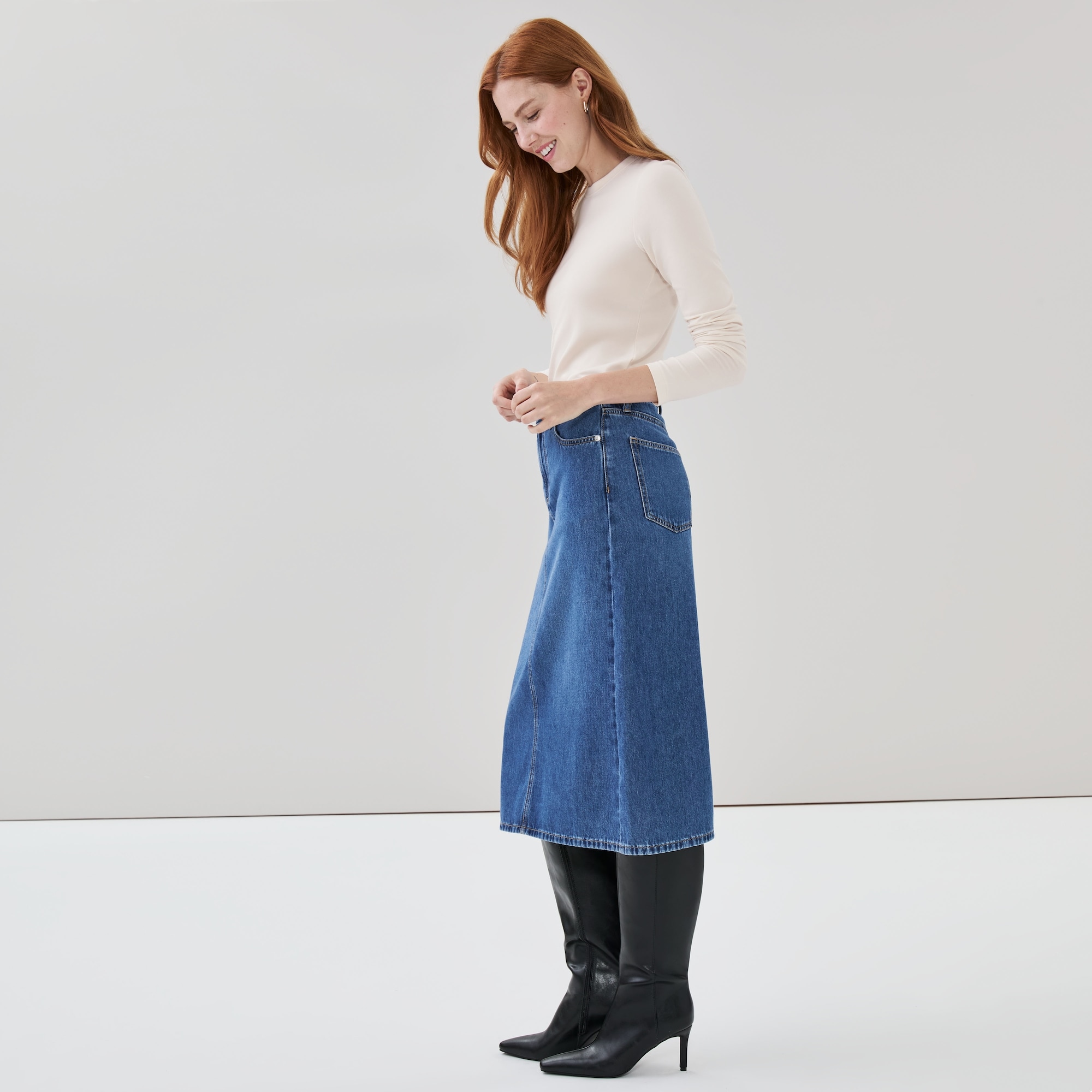 Medium Wash Denim Midi Skirt