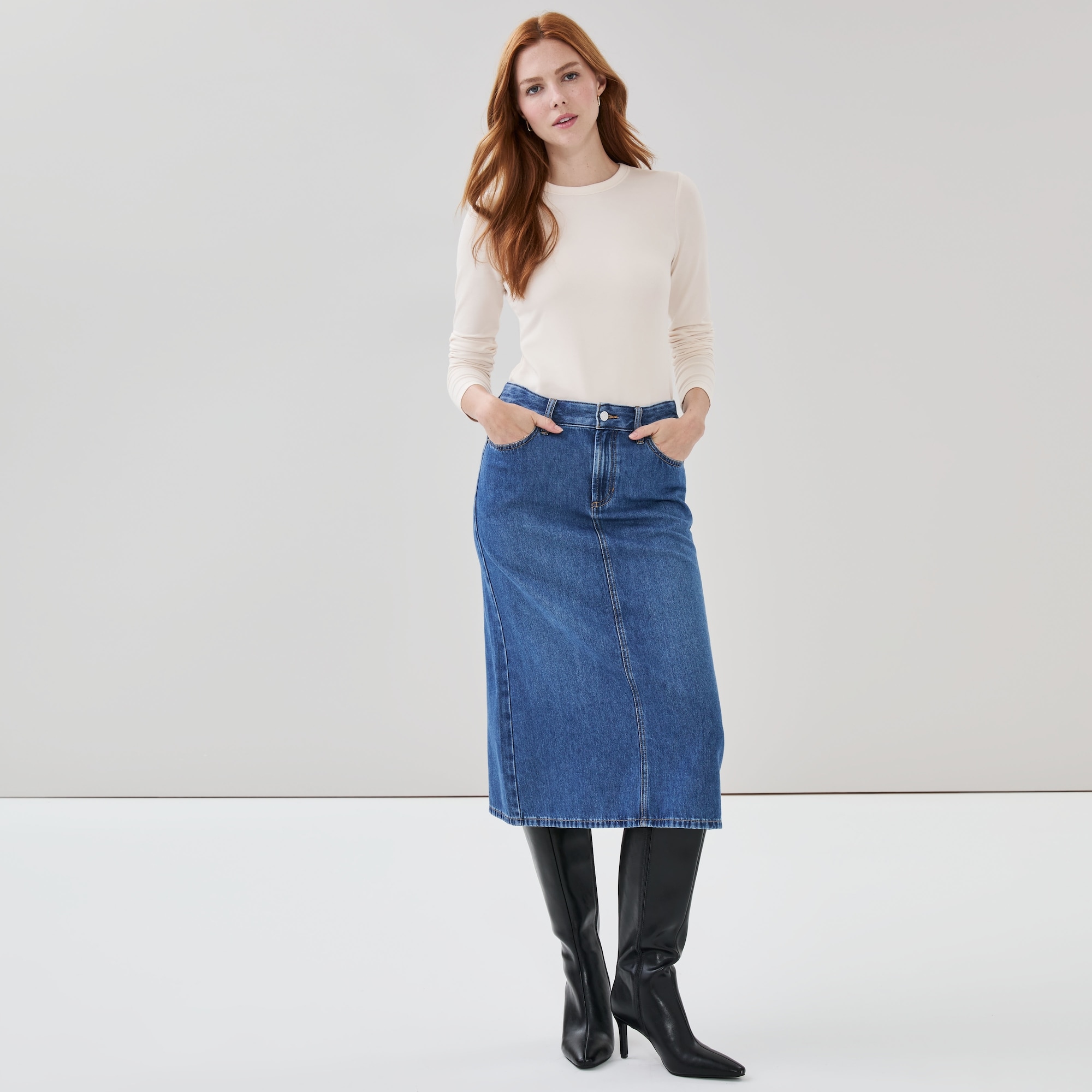 Medium Wash Denim Midi Skirt