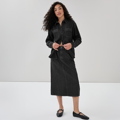Black Wash Denim Midi Skirt - Black