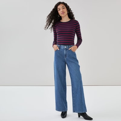 Striped Organic Cotton Long Sleeve Top - Navy