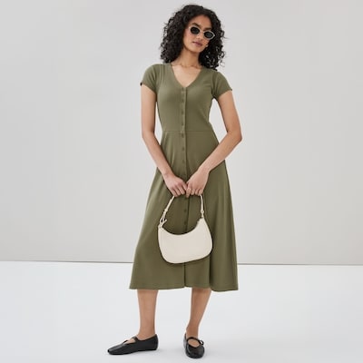 Robe midi boutonnée sur l’avant - Vert Kaki