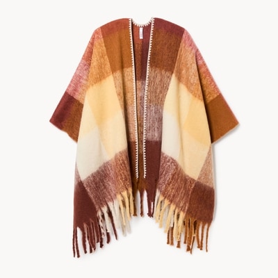 Blanket Stitch Plaid Wrap - Brown