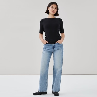 Ribbed Quarter Sleeve T-Shirt - JF Black