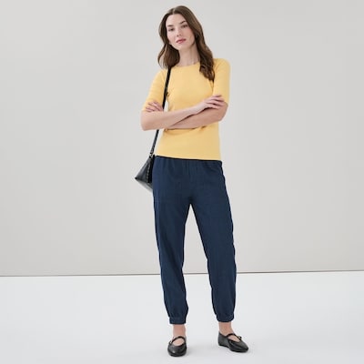 T-shirt côtelé à manches trois-quarts - JAUNE PUSSIEREUX