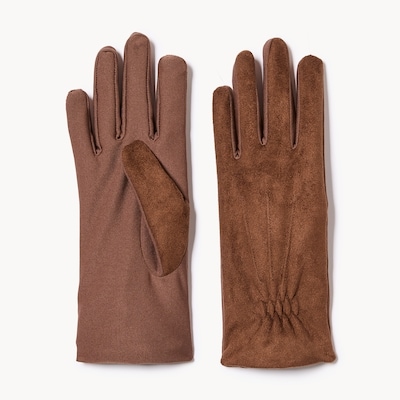 Faux Suede Wrist Length Gloves - Brown
