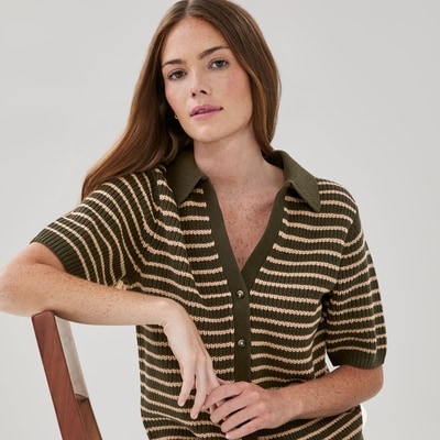 Striped Polo Cardigan - Dark Green