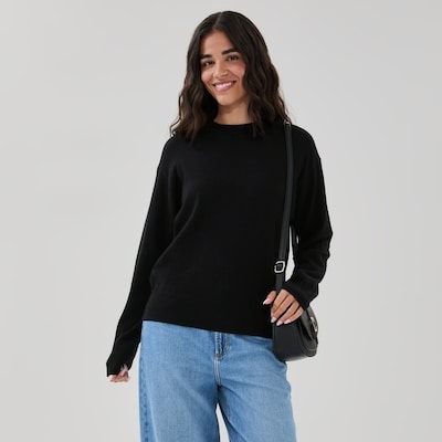 Merino Wool Cashmere Blend Crewneck Sweater - Black