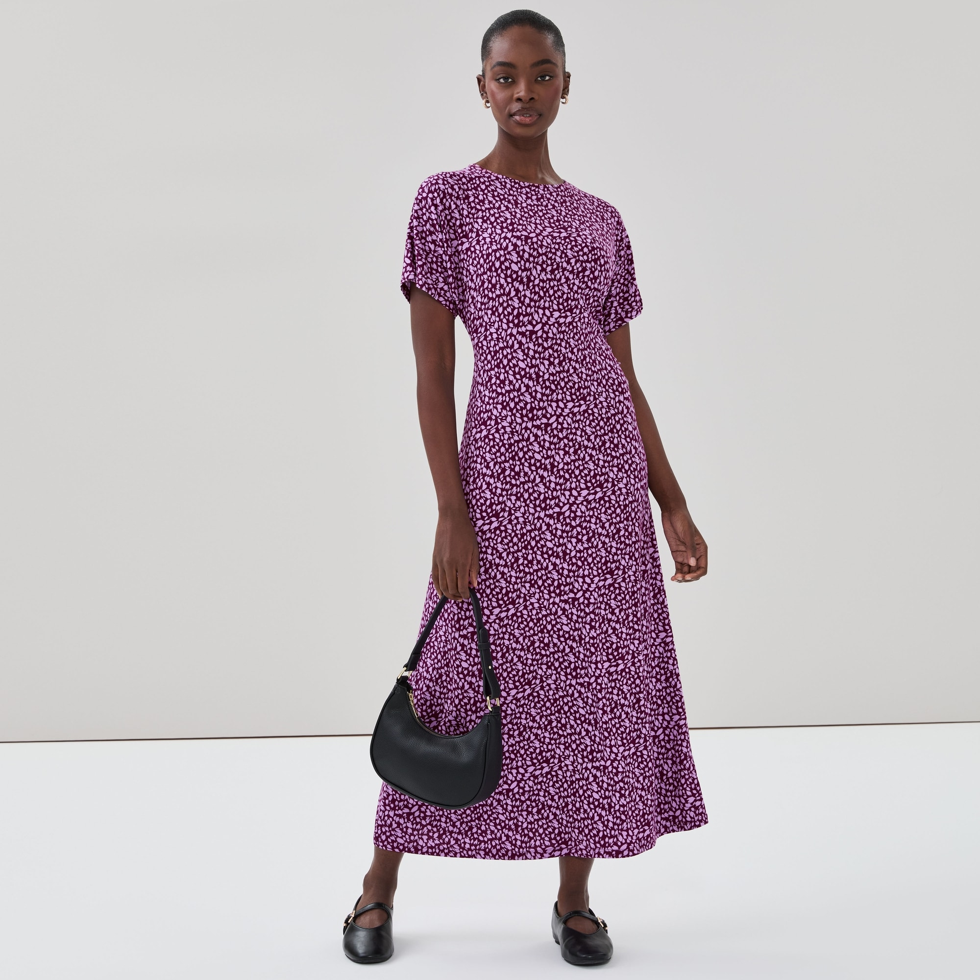 Robe midi imprimée à manches chauve-souris