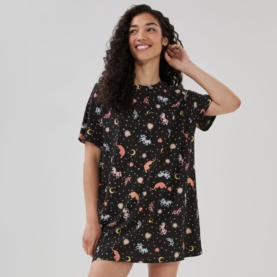 Oversized Printed Sleep Dress - Black