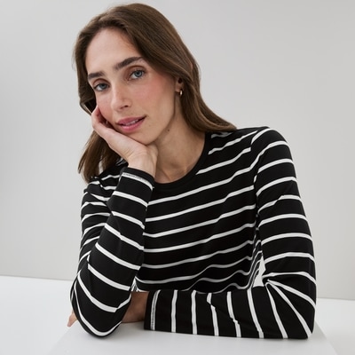 Striped Classic Fit Long Sleeve Top - Black