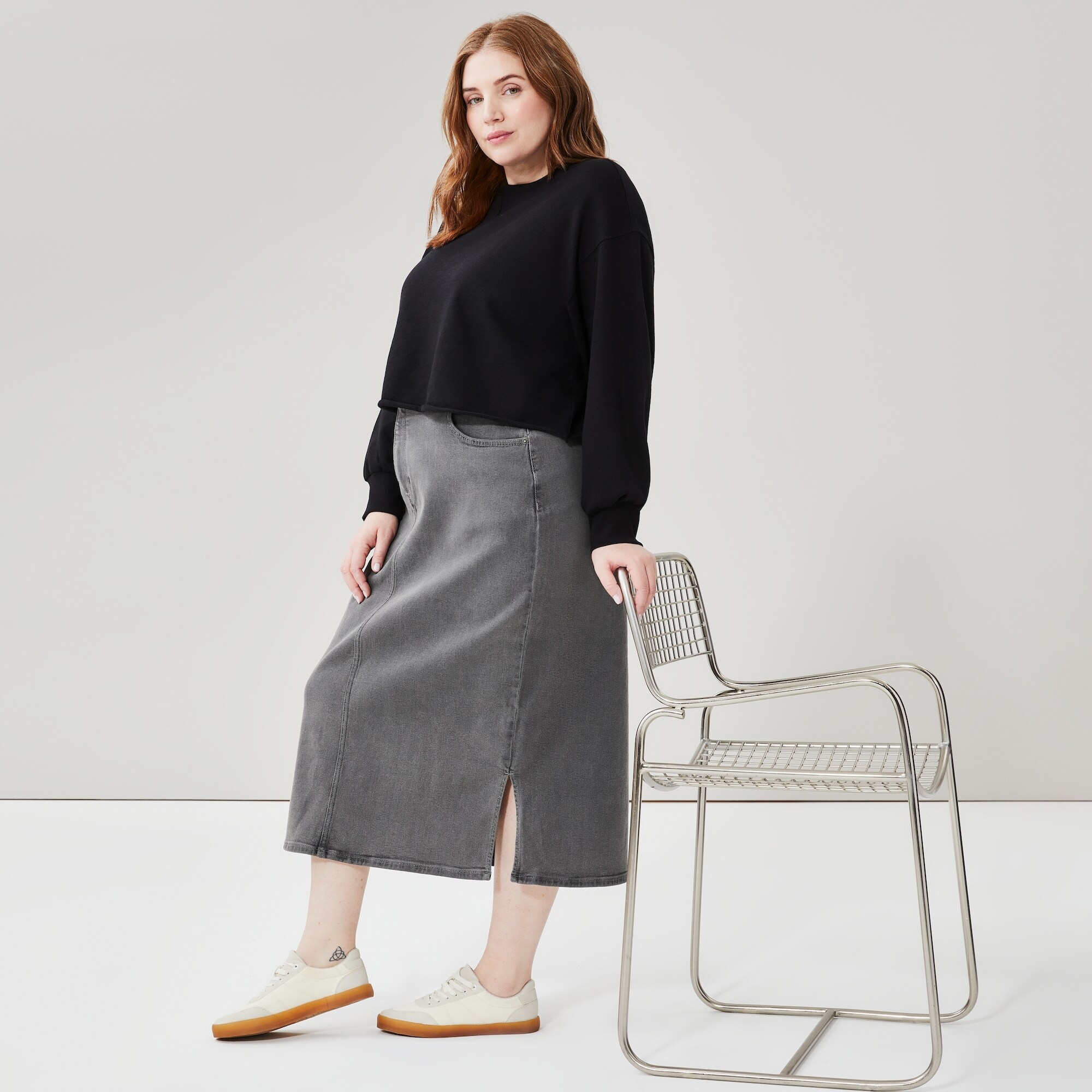Women+ Grey Denim Midi Skirt