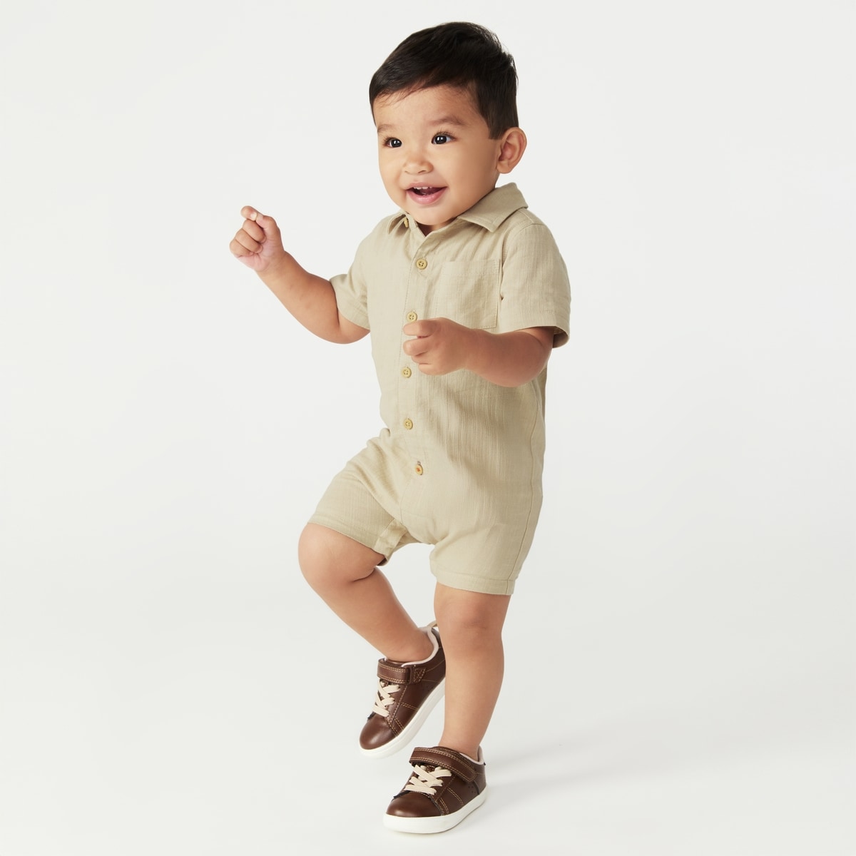 Baby Boys' Spread Collar Romper - Taupe