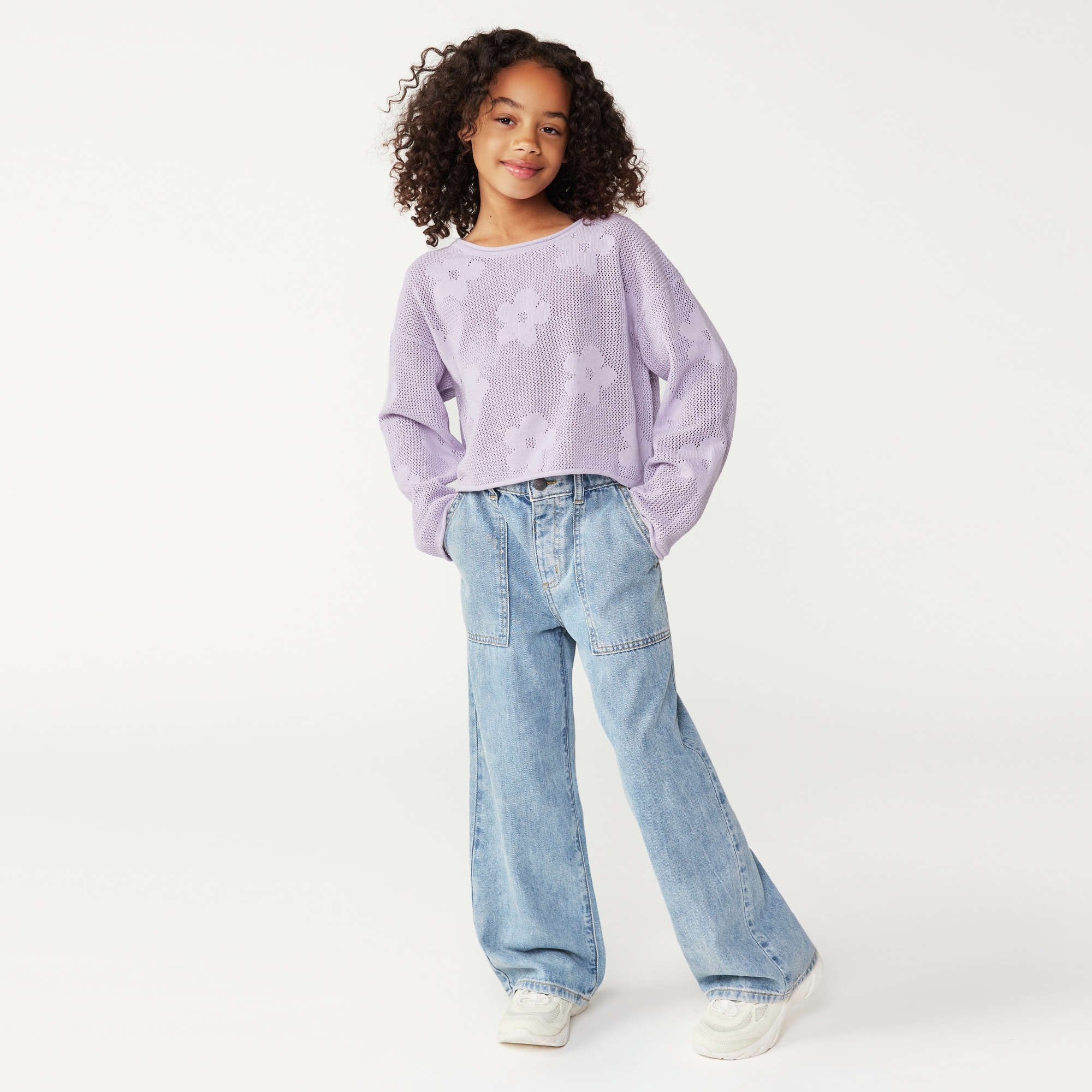 Kid Girls' Open Knit Sweater in Pastel Lilac from Joe Fresh