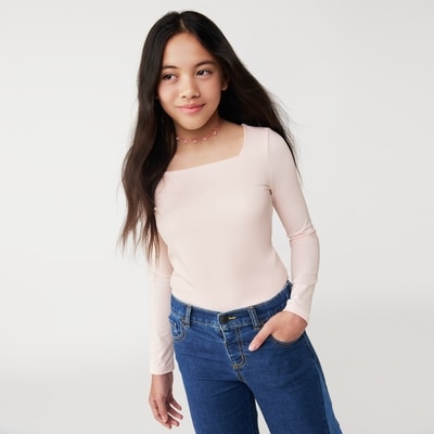 Tween Girls' Square Neck Long Sleeve - Pale Pink
