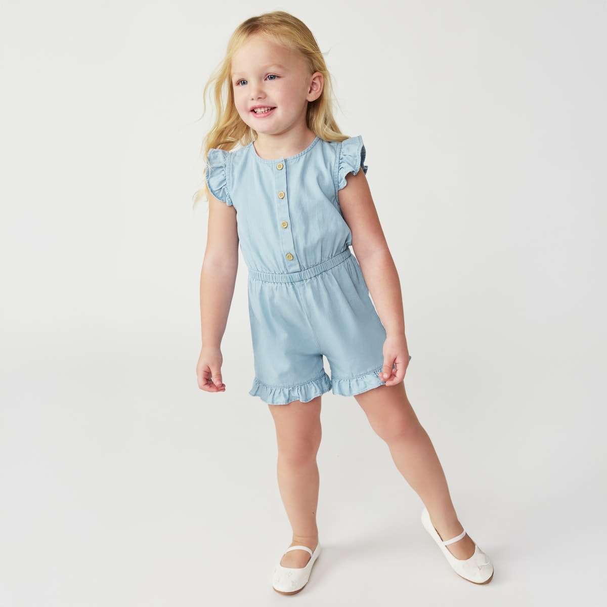 Toddler Girls' Chambray Ruffled Romper - Light Aqua