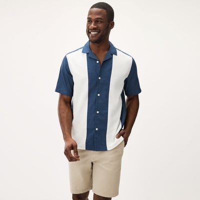 Men's Colour-Block Bowling Shirt - Navy