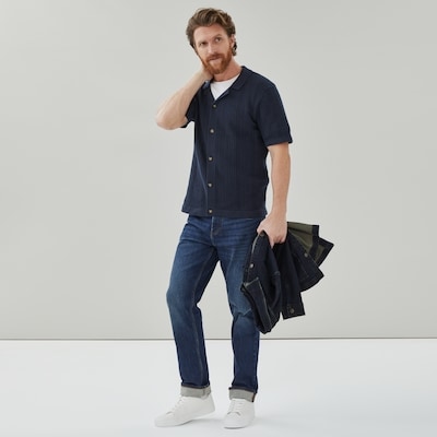 Men's Striped Button-Up Polo Sweater - Dark Navy