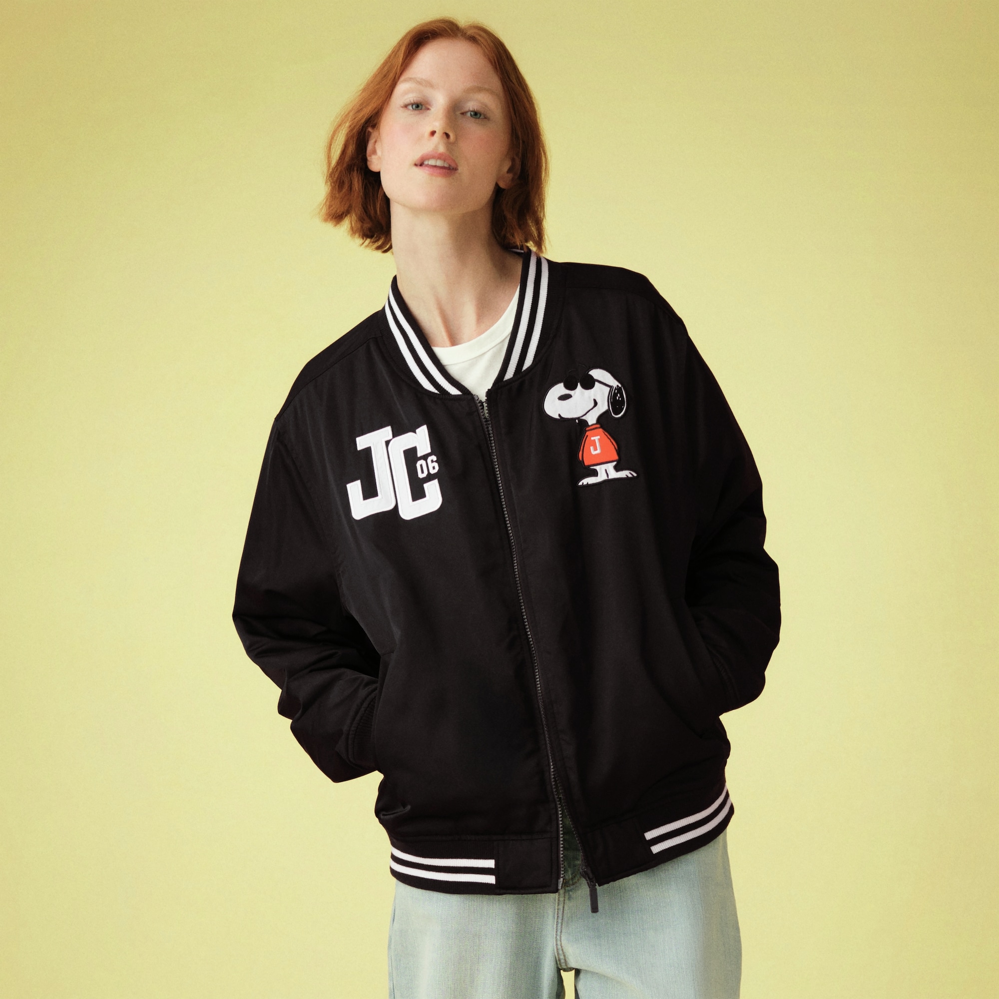 Adult Peanuts Bomber Jacket in Black from Joe Fresh