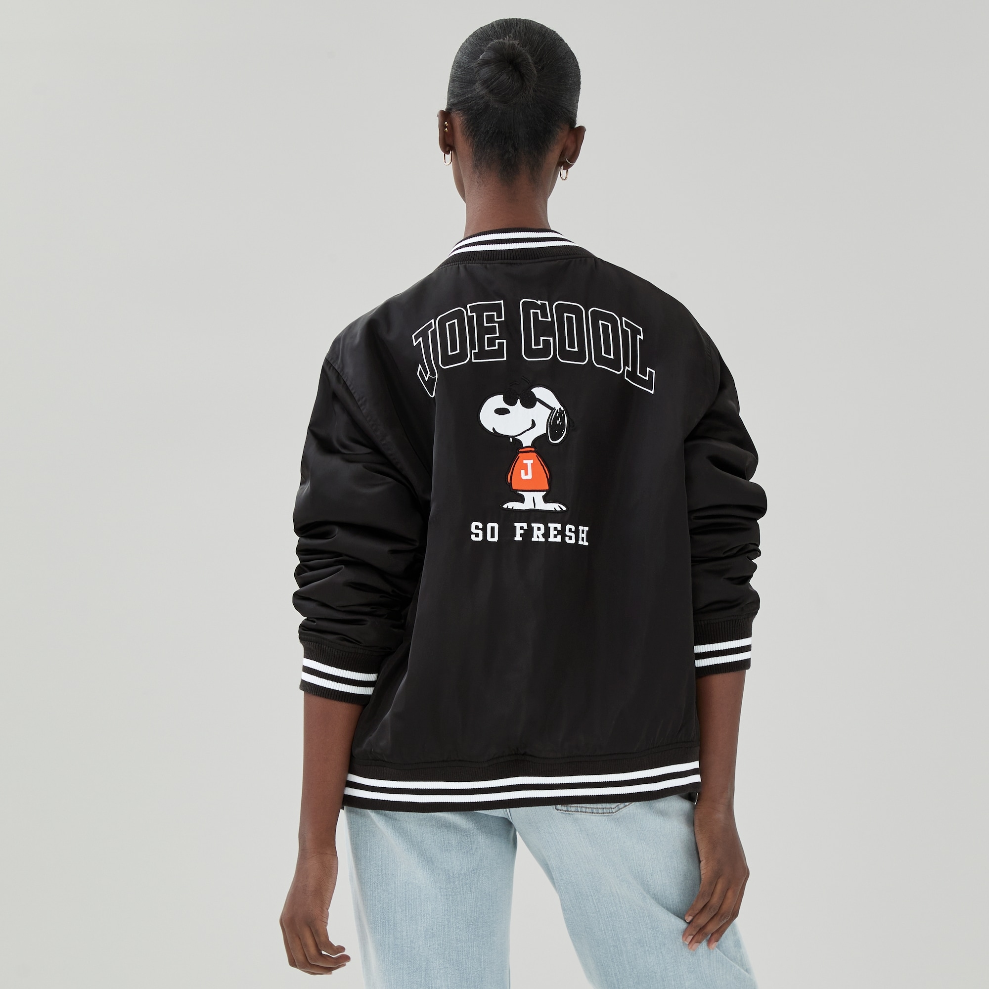 Adult Peanuts Bomber Jacket in Black from Joe Fresh