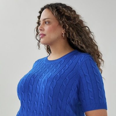 Women+ Cable Knit Short Sleeve Sweater - Blue