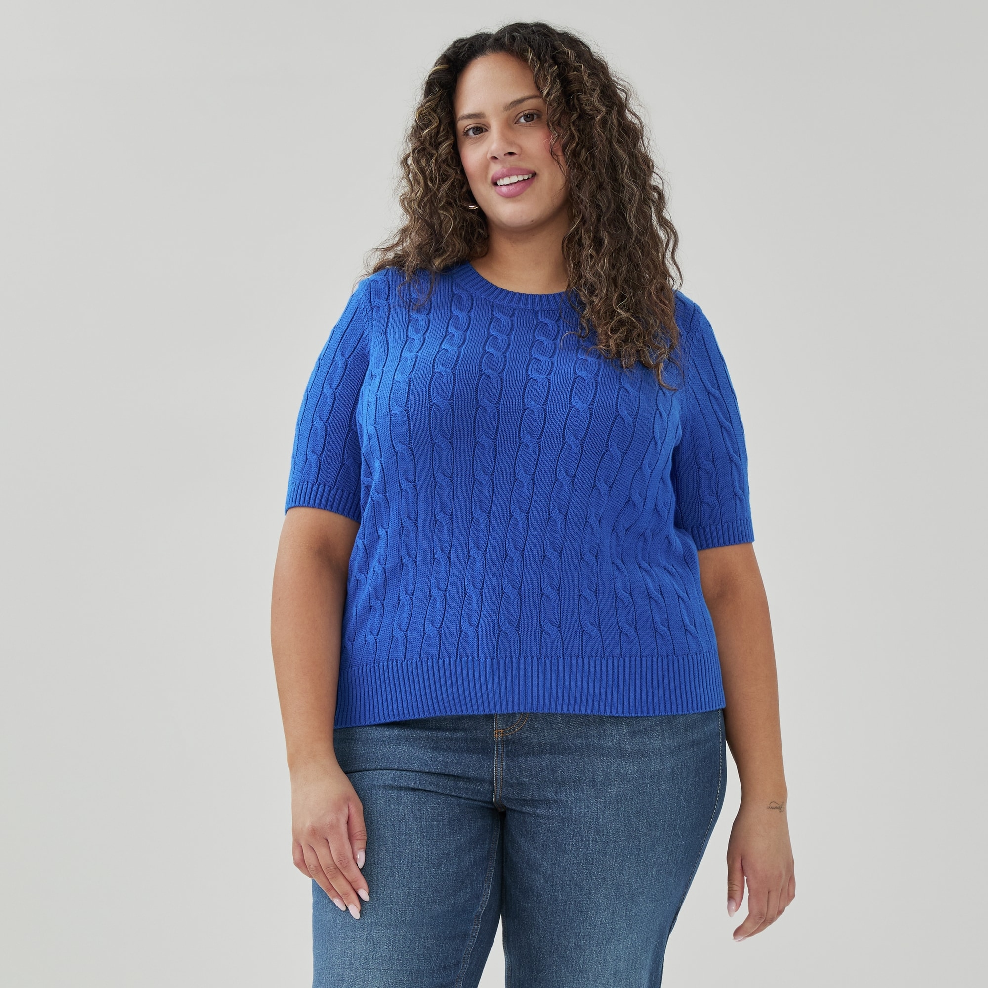 Women+ Cable Knit Short Sleeve Sweater in Blue from Joe Fresh