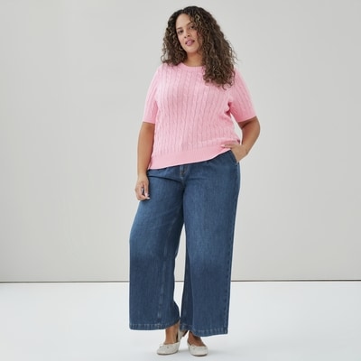 Women+ Cable Knit Short Sleeve Sweater - Light Pink