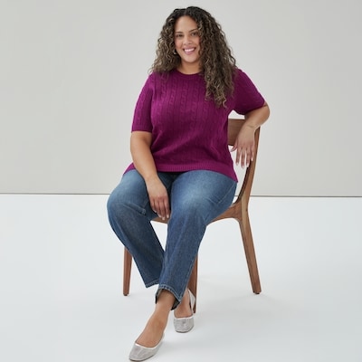 Women+ Cable Knit Short Sleeve Sweater - Plum