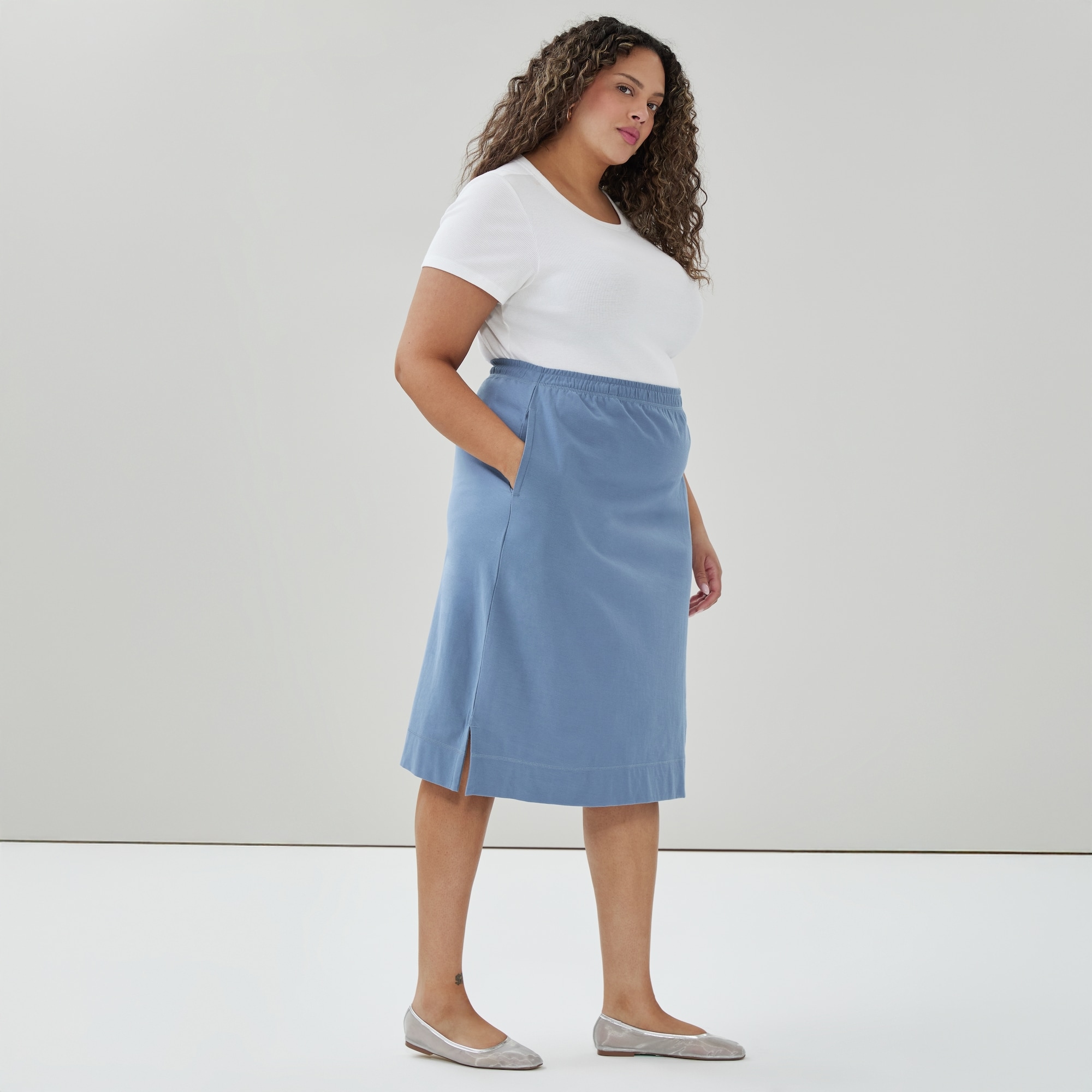 Women+ Heavyweight Cotton Midi Skirt in Dusty Blue from Joe Fresh