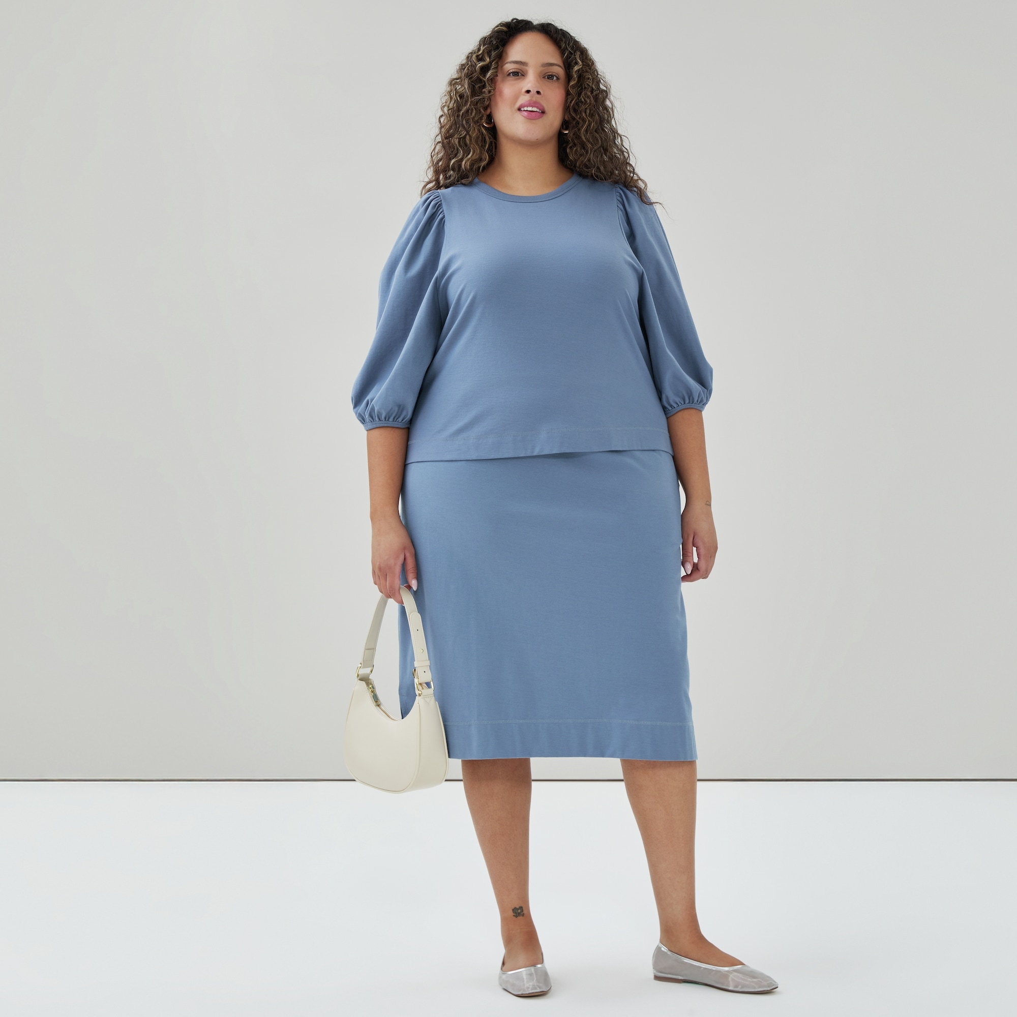 Women+ Heavyweight Cotton Puffed Sleeve Top in Dusty Blue from Joe